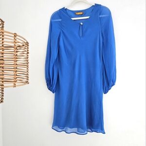 Alice + Olivia Electric Blue Silk Crew Neck Long Flowey Sleeve Coctail Dress